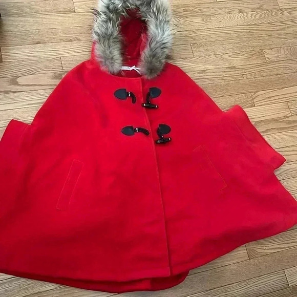 [12] Wool Blend Red Loose Batwing Sleeves  Poncho Hooded Coat Bow Cape Jacket - Picture 3 of 11